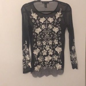 Black and white mesh floral long sleeve shirt
